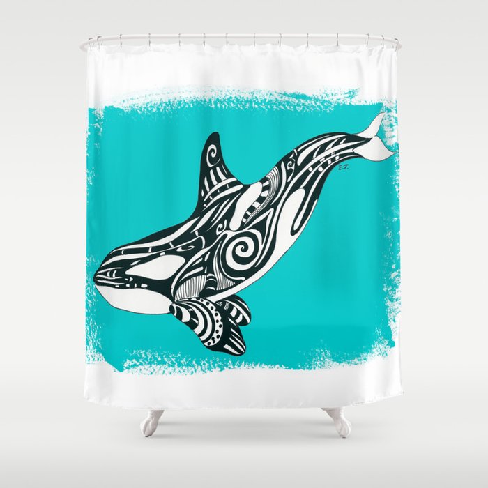 Orca Killer Whale Teal Tribal Tattoo Shower Curtain