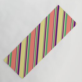 [ Thumbnail: Indigo, Tan, Sea Green, and Salmon Colored Stripes Pattern Yoga Mat ]