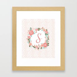 Monogram S - cute girls coral florals flower wreath, coral florals, baby girl, baby blanket Framed Art Print