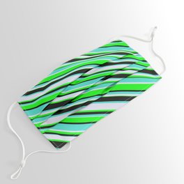 [ Thumbnail: Turquoise, Lavender, Lime & Black Colored Lines Pattern Face Mask ]