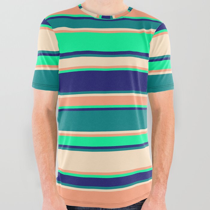 Vibrant Light Salmon, Green, Midnight Blue, Teal, and Bisque Colored Pattern of Stripes All Over Graphic Tee