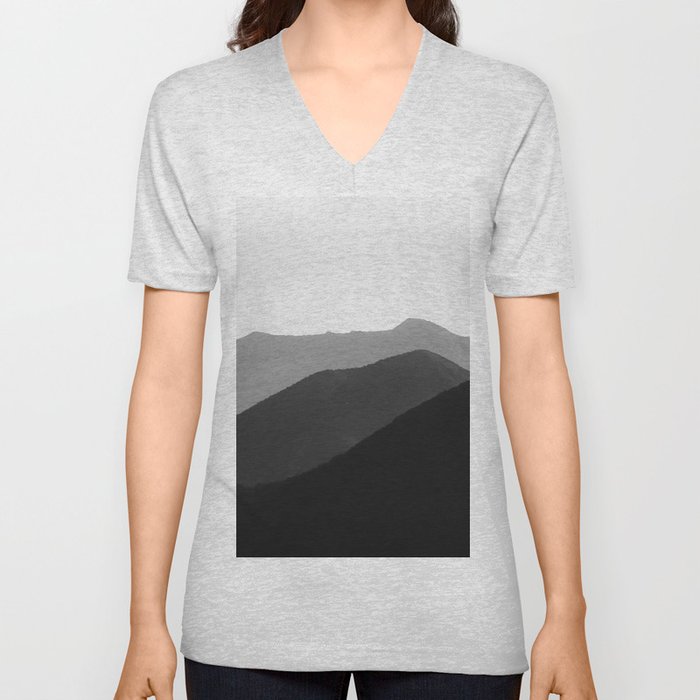 Simple Minimalist Landscape Parallax Mountain Landscape Black And White V Neck T Shirt