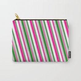 [ Thumbnail: Forest Green, Light Grey, Deep Pink & White Colored Pattern of Stripes Carry-All Pouch ]