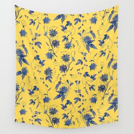 Elegant Blue Yellow Passion Flower Floral Pattern Wall Tapestry
