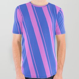 [ Thumbnail: Violet and Royal Blue Colored Lines Pattern All Over Graphic Tee ]