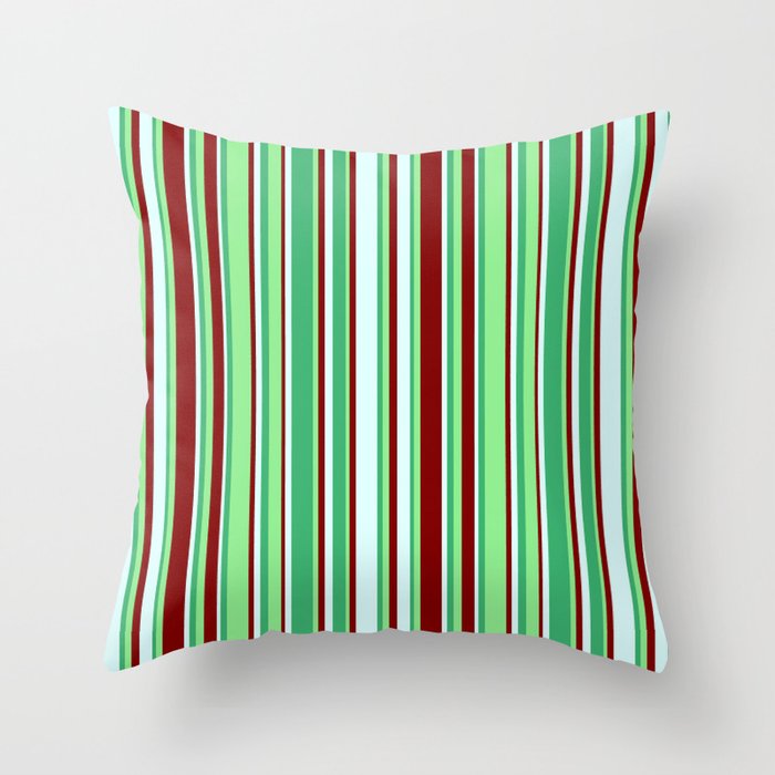 Sea Green, Light Green, Maroon, and Light Cyan Colored Striped Pattern Throw Pillow