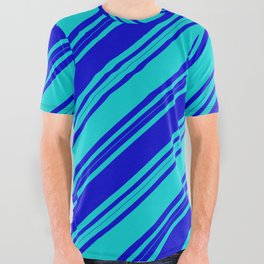 [ Thumbnail: Blue & Dark Turquoise Colored Stripes/Lines Pattern All Over Graphic Tee ]