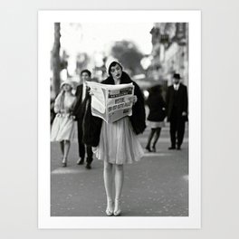 Roaring Twenties French Flapper Girl Reading Newspaper on the Street, Paris female portrait black and white photography - photographs Art Print