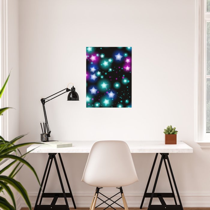 Abstract Starry Pattern With Neon Star On Black Background Galaxy