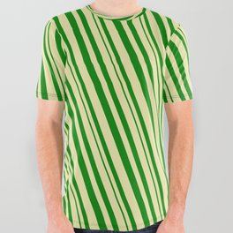 [ Thumbnail: Pale Goldenrod and Green Colored Pattern of Stripes All Over Graphic Tee ]