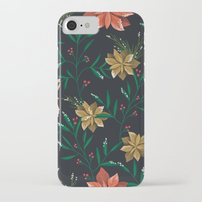 Gold & Red Floral Christmas Pattern iPhone Case