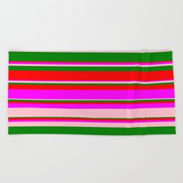[ Thumbnail: Green, Red, Fuchsia, and Pink Colored Lined/Striped Pattern Beach Towel ]