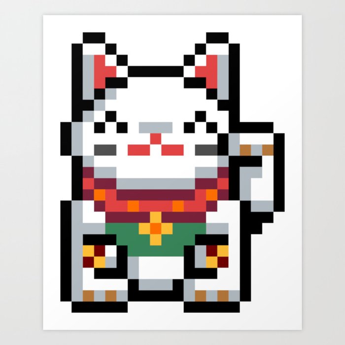 Maneki Neko Lucky Cat 8 Bit Pixel Art Art Print By Brotherofperl