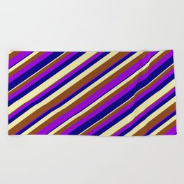 [ Thumbnail: Pale Goldenrod, Brown, Dark Violet & Blue Colored Lined Pattern Beach Towel ]