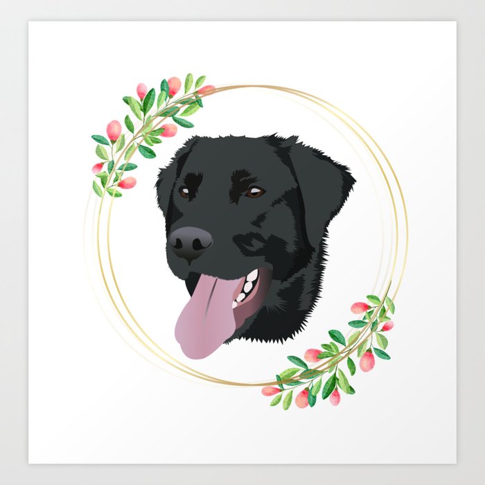 Black Labrador Flower Frame Art Print
