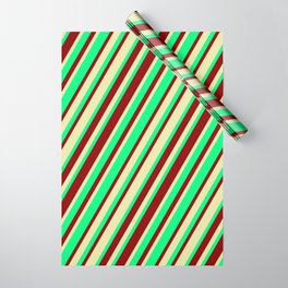 [ Thumbnail: Green, Dark Red & Pale Goldenrod Colored Stripes Pattern Wrapping Paper ]