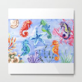 Seahorses And Starfish With Corals Metal Print
