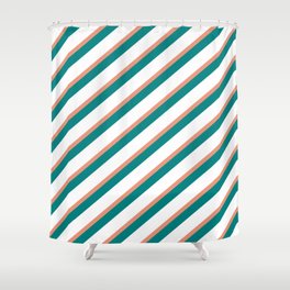 [ Thumbnail: Dark Salmon, Teal & White Colored Lines Pattern Shower Curtain ]
