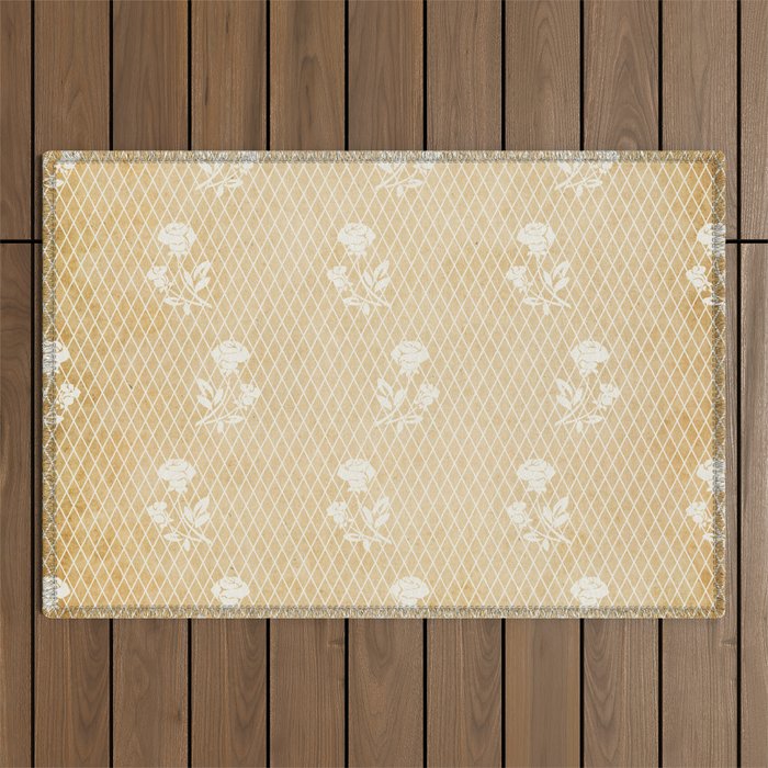 White Vintage Rose and Lace silhouette Pattern on Vintage Outdoor Rug