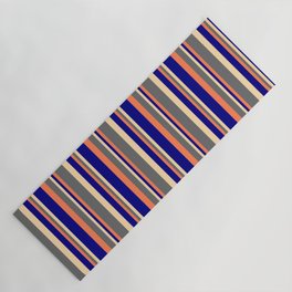 [ Thumbnail: Coral, Dim Gray, Tan & Blue Colored Pattern of Stripes Yoga Mat ]