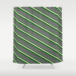 [ Thumbnail: Beige, Dark Green & Dim Grey Colored Lines/Stripes Pattern Shower Curtain ]