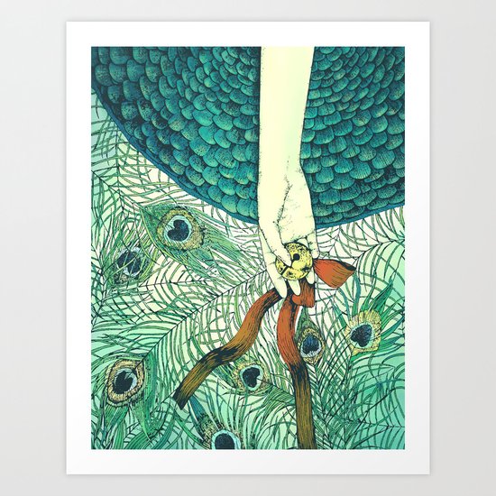 Golden bell and peacock feathers Art Print
