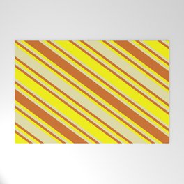 [ Thumbnail: Pale Goldenrod, Chocolate, and Yellow Colored Lined/Striped Pattern Welcome Mat ]