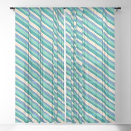 [ Thumbnail: Aquamarine, Dark Cyan, Bisque, and Blue Colored Lines Pattern Sheer Curtain ]