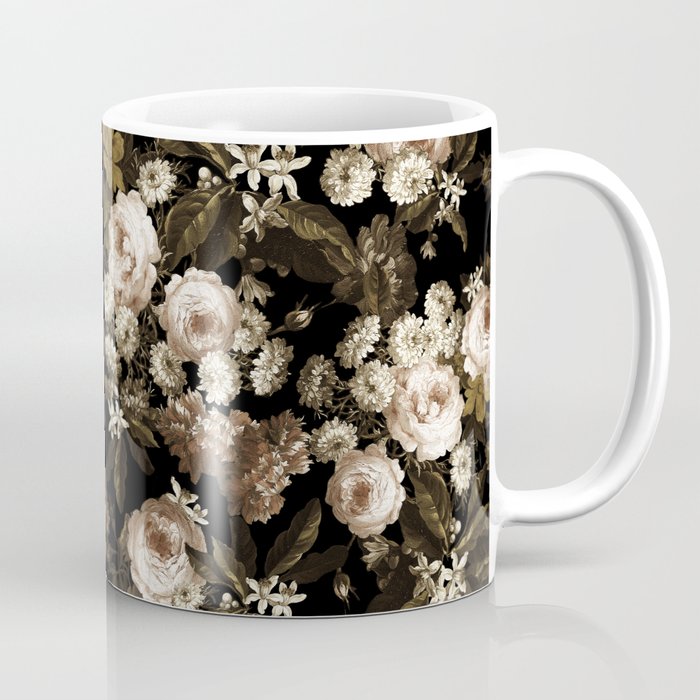 Antique Botanical Sepia Roses And Chamomile Midnight Garden Coffee Mug