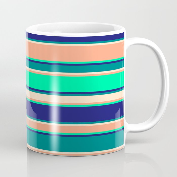 Vibrant Light Salmon, Green, Midnight Blue, Teal, and Bisque Colored Pattern of Stripes Coffee Mug