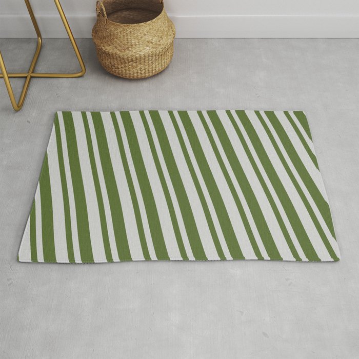 Light Gray & Dark Olive Green Colored Lines/Stripes Pattern Rug