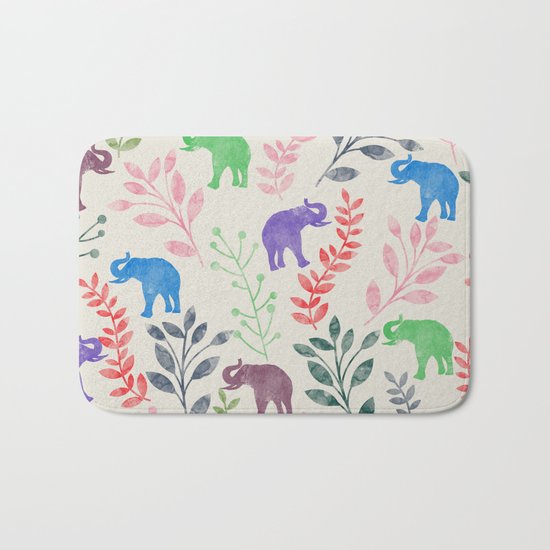 Watercolor Flowers & Elephants Bath Mat
