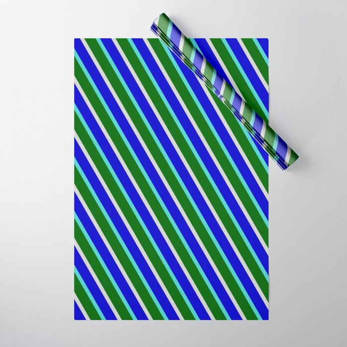 Blue, Turquoise, Dark Green, and Light Gray Colored Stripes Pattern Wrapping Paper