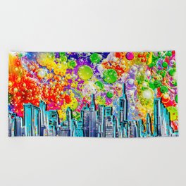 Spatter City Chaotic Bubble of a Colored City Skyline Beach Towel