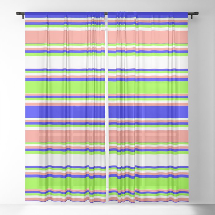 Blue, Green, White, and Salmon Colored Lined Pattern Sheer Curtain