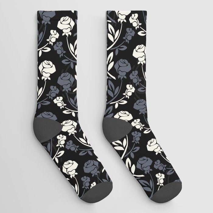 Gray and White Mid-Century Roses Pattern on Black Socks