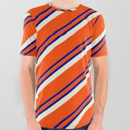 [ Thumbnail: Red, Blue, and Beige Colored Striped Pattern All Over Graphic Tee ]