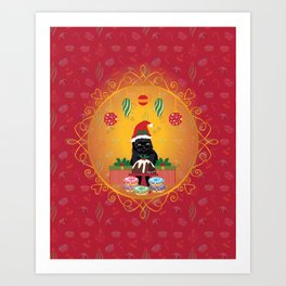 Christmas Black Cat (Red Background) Art Print