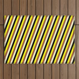 [ Thumbnail: Yellow, Sienna, Light Yellow & Black Colored Pattern of Stripes Outdoor Rug ]