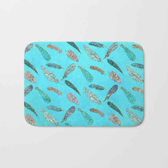 Sparkle Glitter Boho Bohemian Feathers on aqua on #Society6 Bath Mat