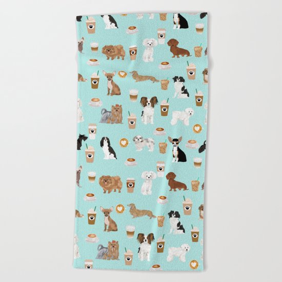 Coffee Dogs cute miniature dog breeds chihuahua bichon terrier Shih tzu pomeranian latte coffees Beach Towel