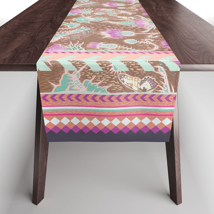 Folksy thistle pattern border in earthy brown Table Runner