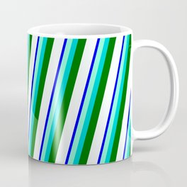 [ Thumbnail: Blue, Aquamarine, Dark Turquoise, Dark Green & Mint Cream Colored Stripes/Lines Pattern Coffee Mug ]