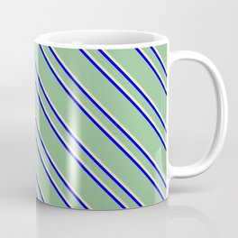[ Thumbnail: Dark Sea Green, Pale Goldenrod, and Blue Colored Striped Pattern Coffee Mug ]