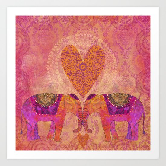 Elephants in Love with heart Art Print