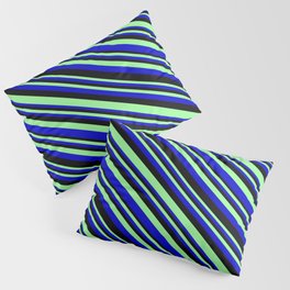 [ Thumbnail: Green, Blue & Black Colored Striped/Lined Pattern Pillow Sham ]