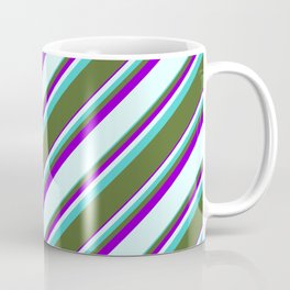 [ Thumbnail: Turquoise, Dark Olive Green, Dark Violet & Light Cyan Colored Striped/Lined Pattern Coffee Mug ]
