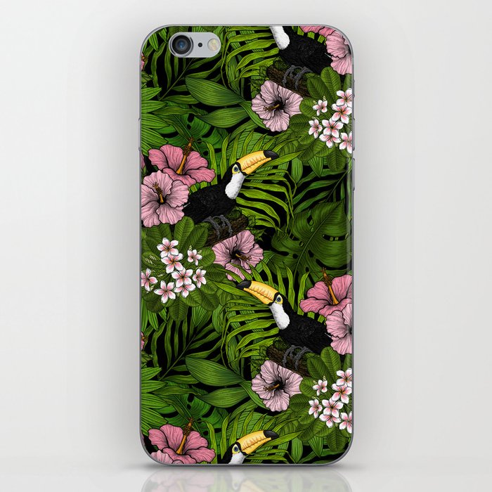 Toucans and tropical flora, green and pink iPhone Skin