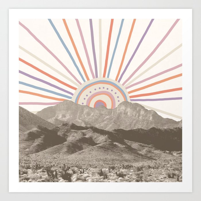 Bohemian Tribal Sun / Abstract Vintage Mountain Happy Summer Vibes Retro Colorful Pastel Sky Artwork Art Print