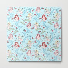Mermaids and Roses on Aqua Metal Print